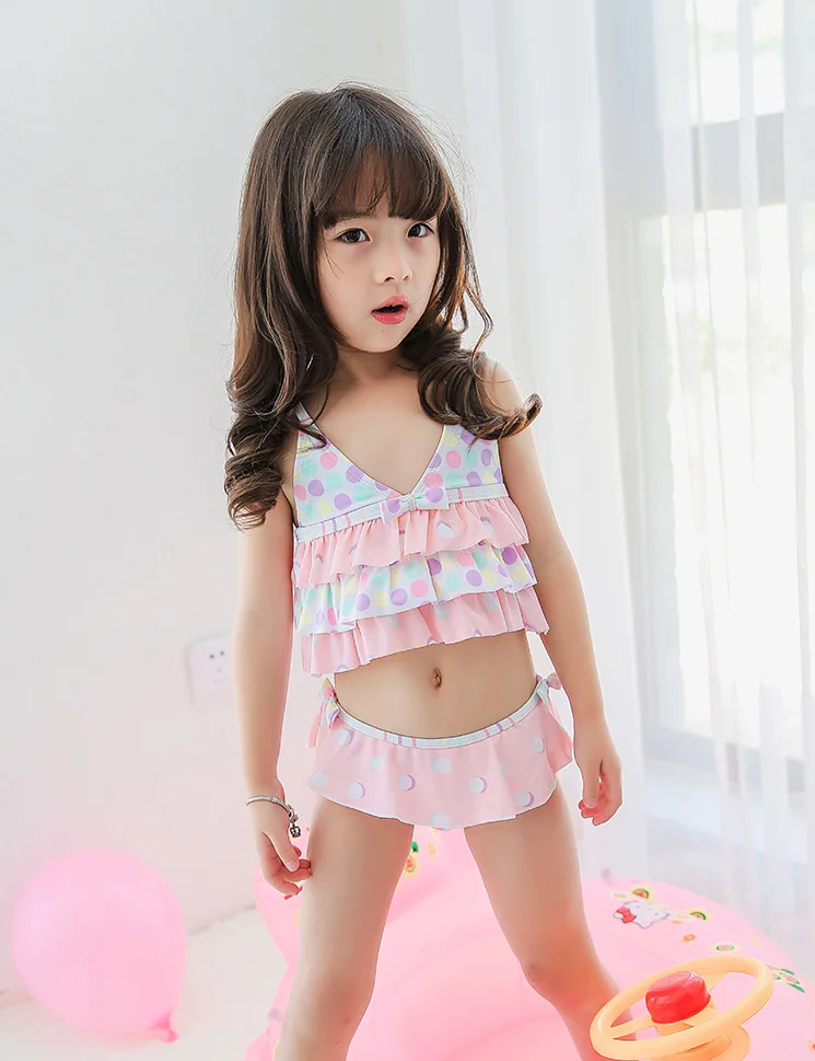 批发女孩泳装印花荷叶边孩子女孩泳装彩色圆点孩子孩子小女孩泳装