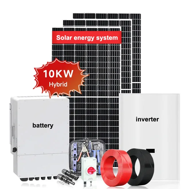 10kW solar panel array mounted on a pitched residential roof with hybrid inverter and battery visible nearby