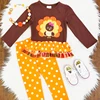 2018 New arrival thanksgiving outfit cute children's girl turkey applique embroidery clothes set for fall/winter