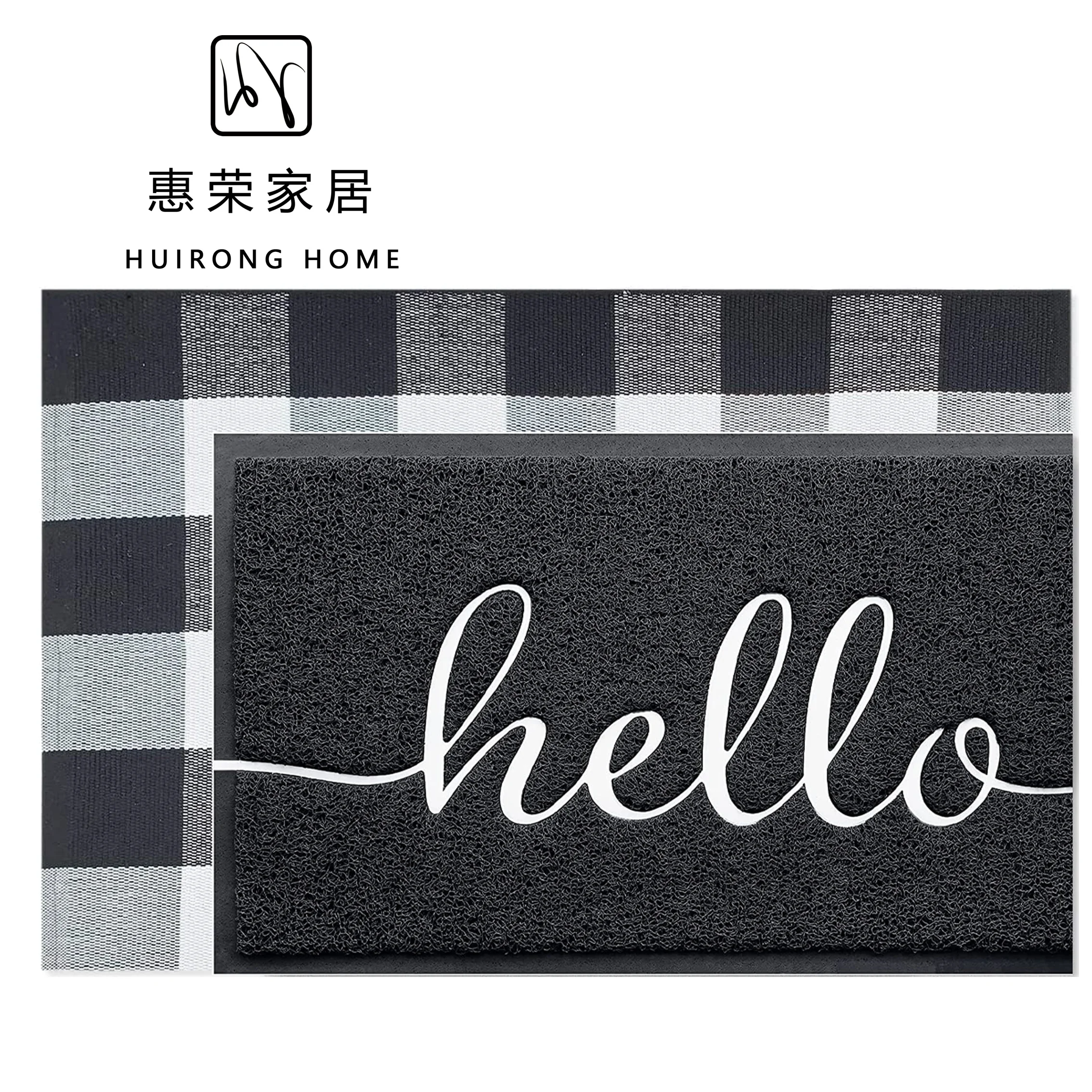 Hello Mat Durable Front Door Mat Black Plaid Rug Checkered For Layering