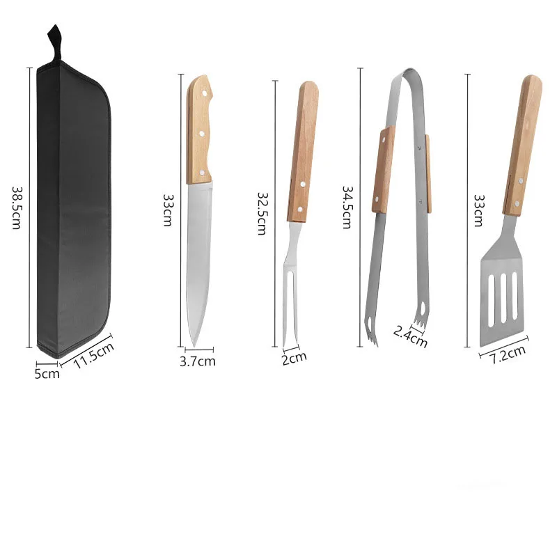 Wholesale Customized Outdoor BBQ grill set charcoal grilling home use includes tongs wooden-handled kitchen knife spatula fork factory
