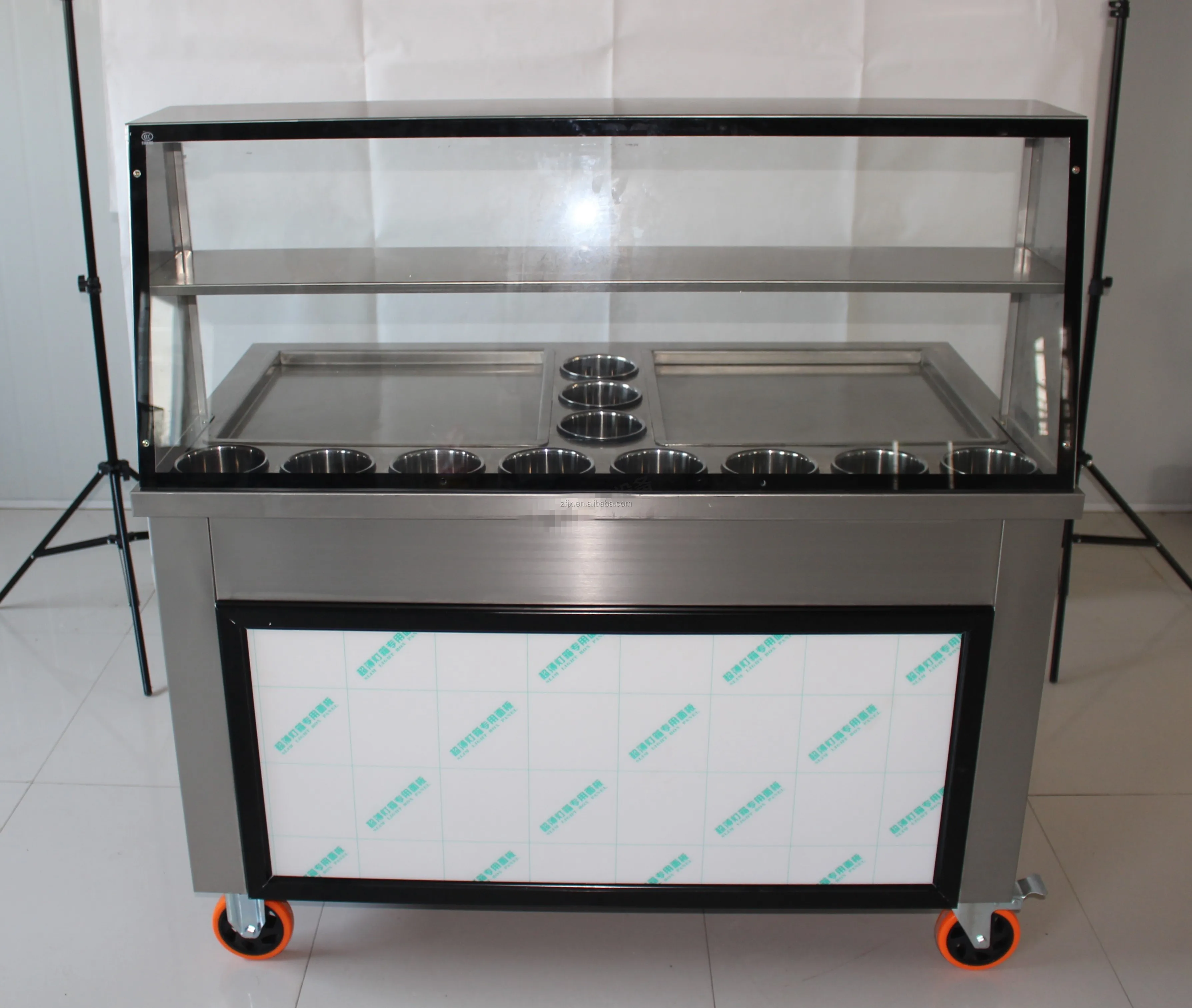 Double Pan Three Compressors Frozen Yogurt Rolls Fry Fried Ice Cream Machine With Refrigerated