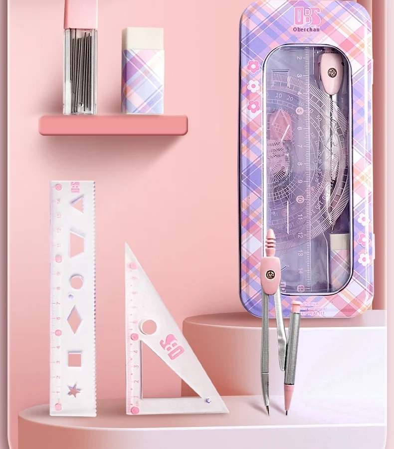 7-Piece High-Appealing Multifunctional Student Stationery Set Primary School Essential with Compasses Rulers Erasers