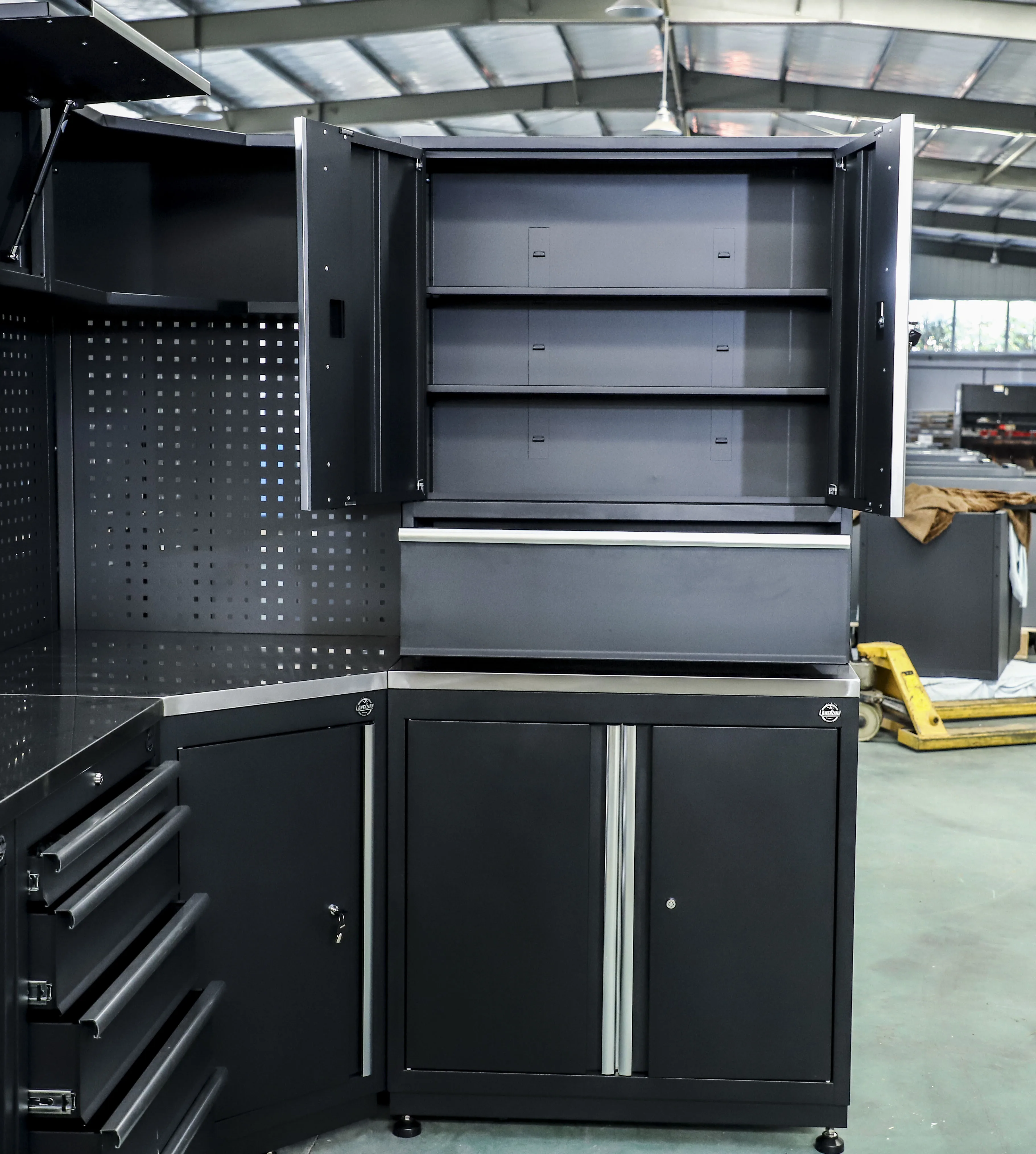 Heavy duty metal multi-function Black Garage system combination workbench & drawers cabinet trolley