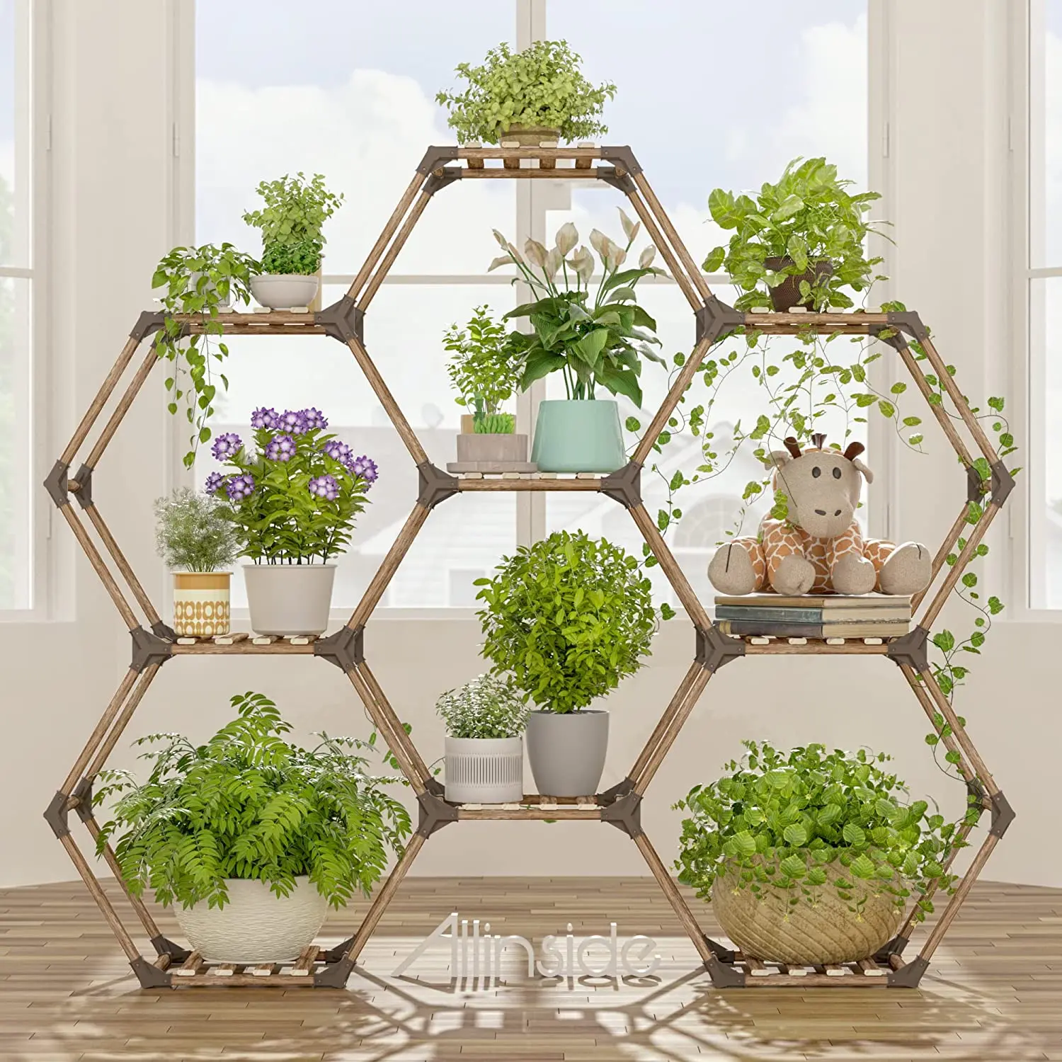 Hexagonal Plant Stand Indoor - Transformable Wooden Shelf for Potted Plants,  Multi-Tiered Design for Home & Garden Use