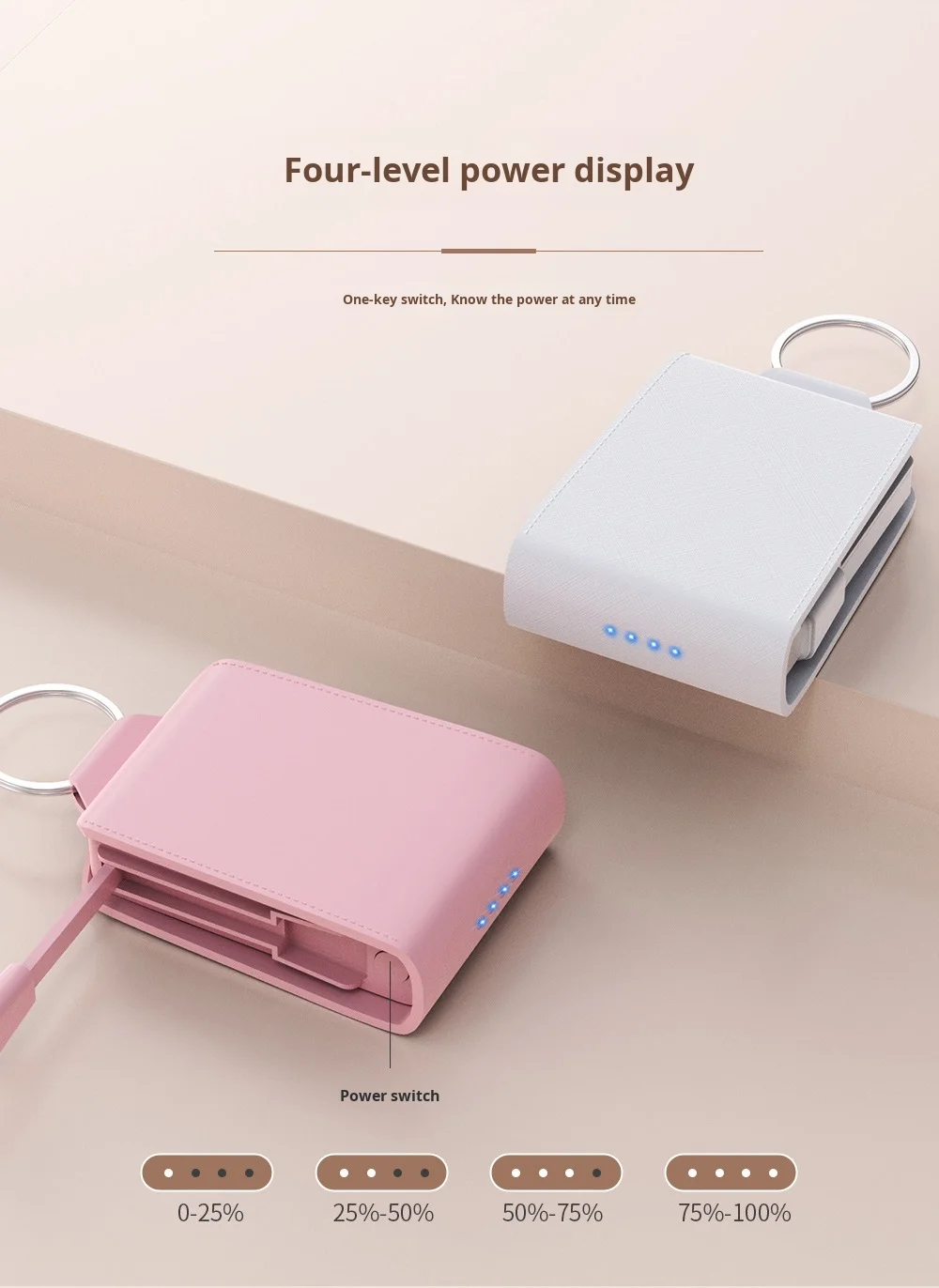 Mini Keychain Emergency Power Bank with 5V Output New Portable Mobile Handbag Leather Case Type-C Input Interface Built-in Cable