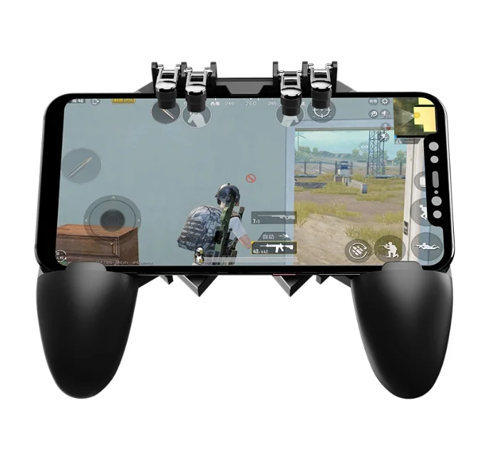
portable wireless gamepad for mobile gaming with 6 finger triggers extended handle holder 