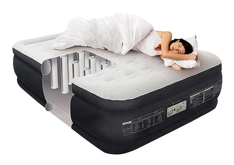 植绒大号充气高架空气床垫床,带内置泵和枕头线圈-梁野营双凸起气床