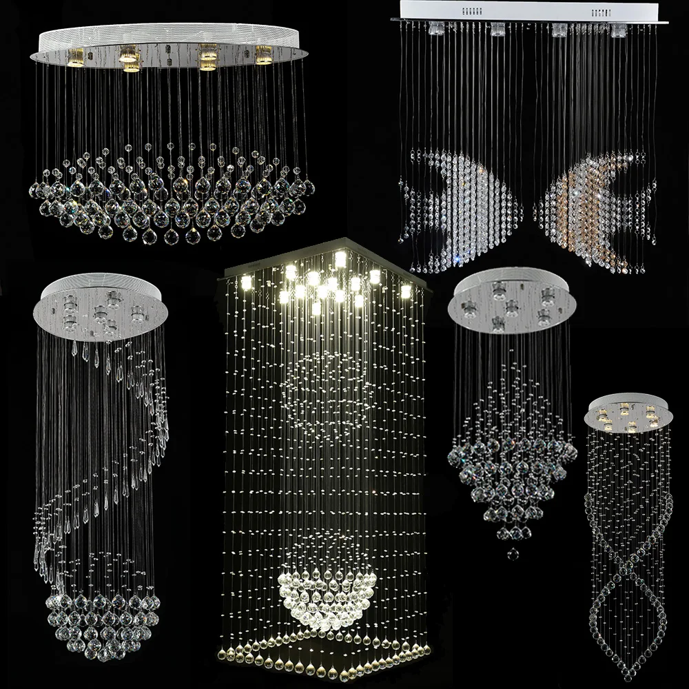 Modern long staircase lighting fixture luxury fiber optic spiral raindrop crystal ceiling chandeliers and lamps