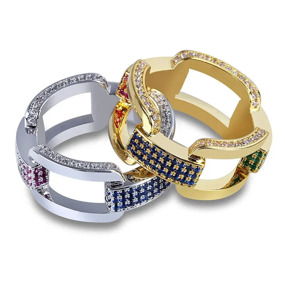 Am&eacute;ricains et Europ&eacute;ens individuels hipster hip hop homme bague zircon color&eacute; anneau de cha&icirc;ne