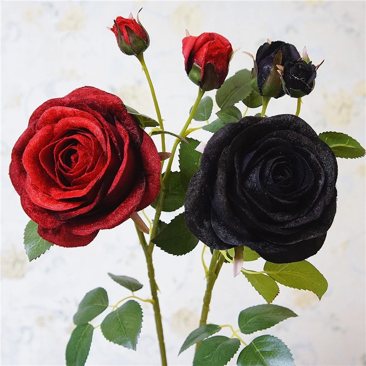T04113 새로운 독특한 럭셔리 인공 장례식 꽃 블랙 그린 장미 꽃 인공 벨벳 장미 웨딩 배경 장식 Buy 블랙 로즈 꽃