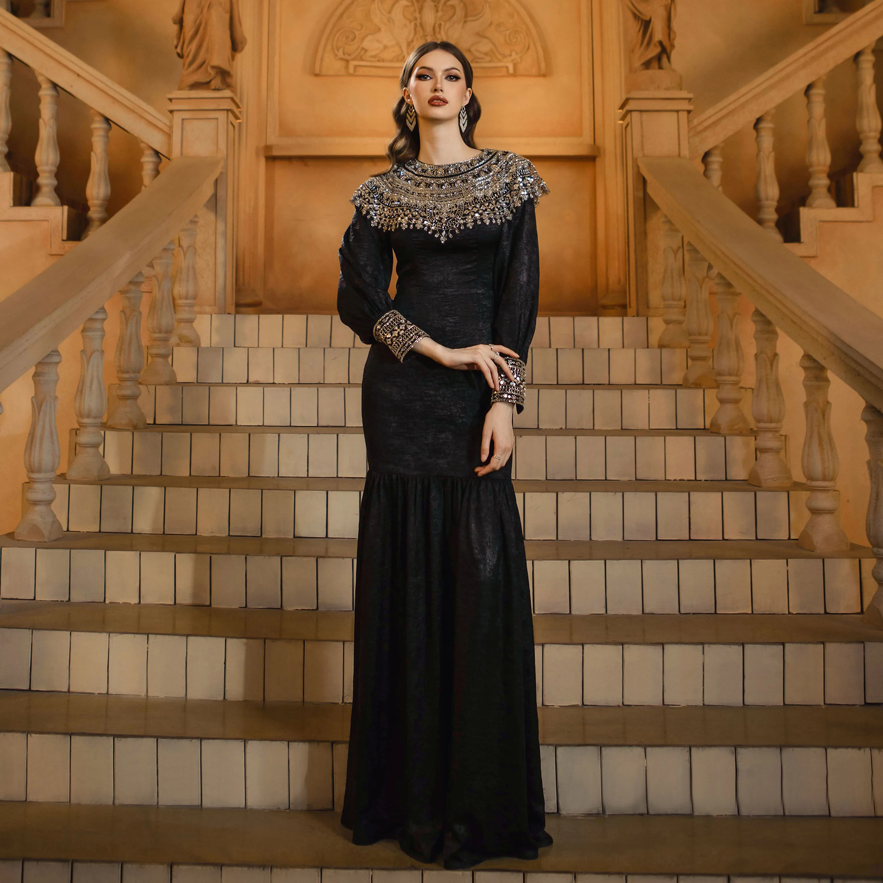black and gold dress muslimah Plus Size Gold Muslim Prom Dress 50151GOLD