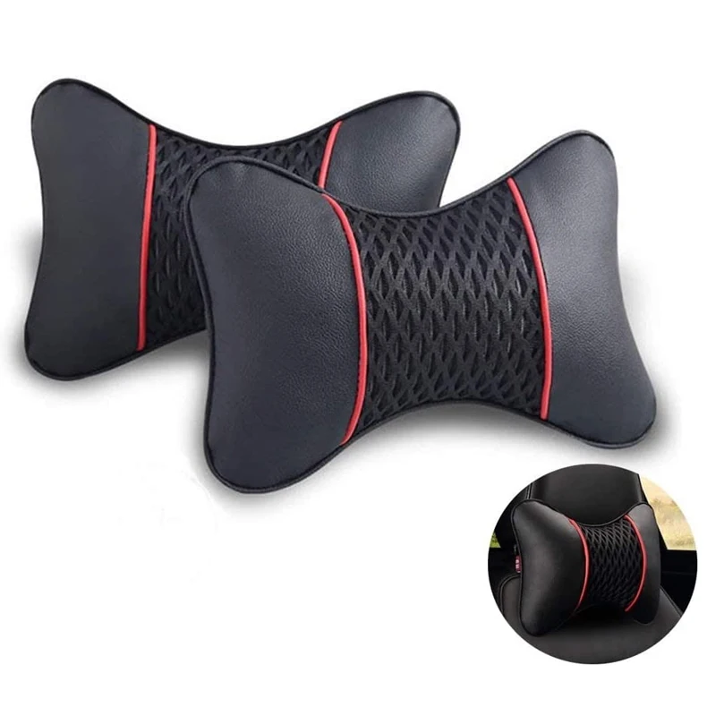 Car Accessories Headrest Neck Rest Pillow Pu Leather Knitted Ventilate