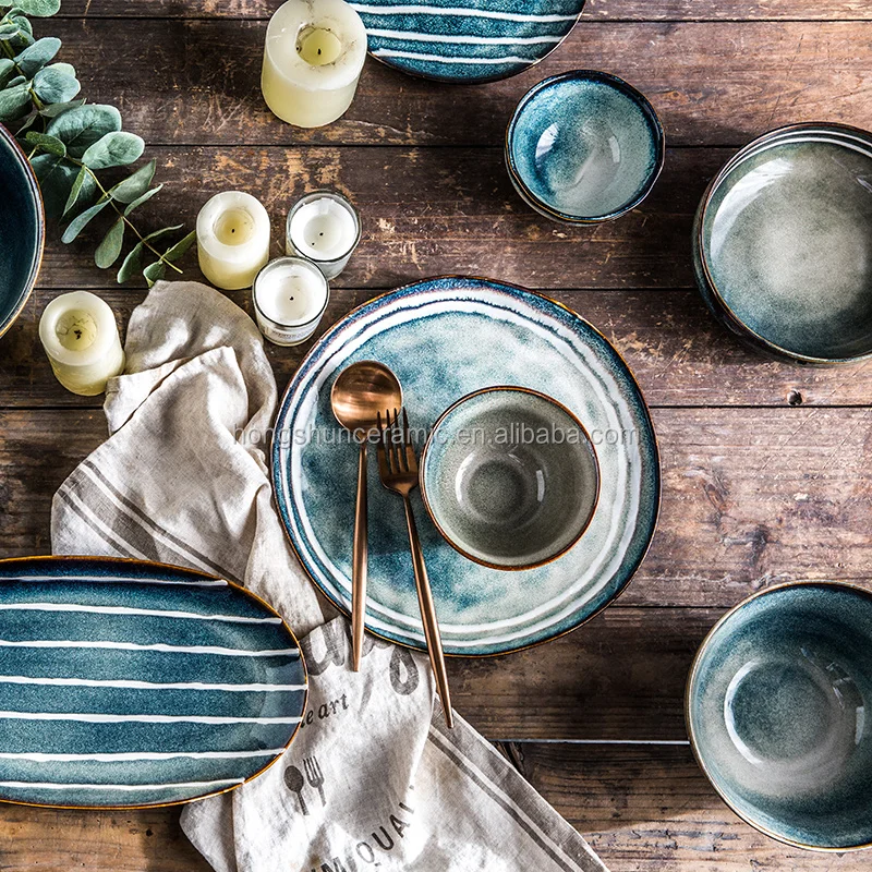 Japanese Glazed Stoneware Plates, Soy Sauce Bowls And Sushi Pan Ceramic Dinnerware Set