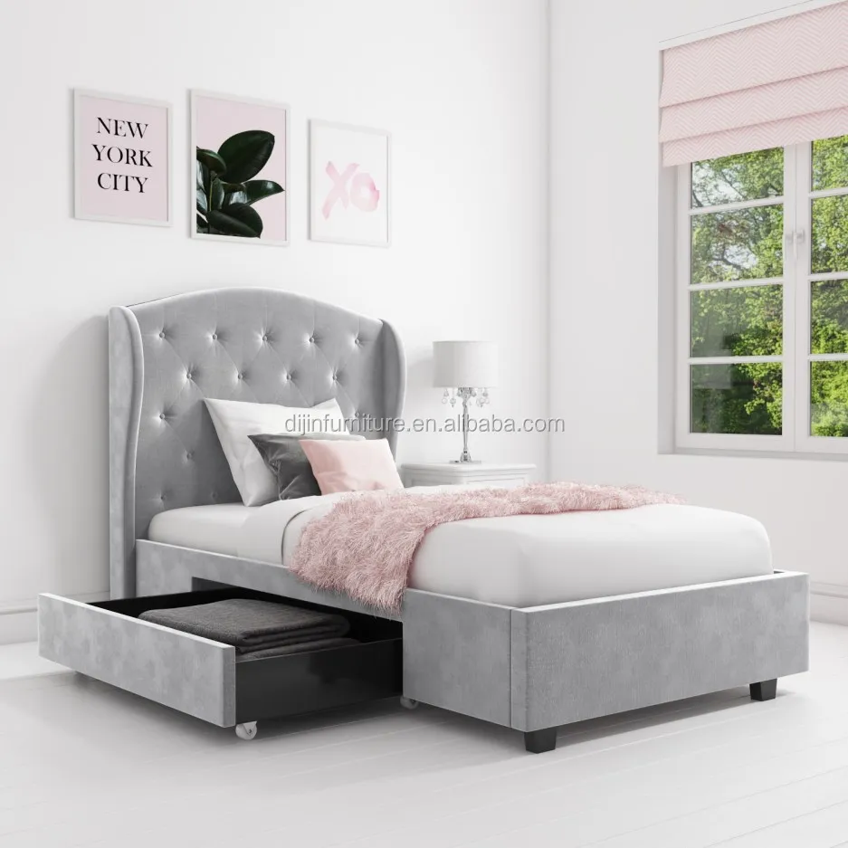 Safina wing back single bed in outlet baby pink velvet with underbed drawer