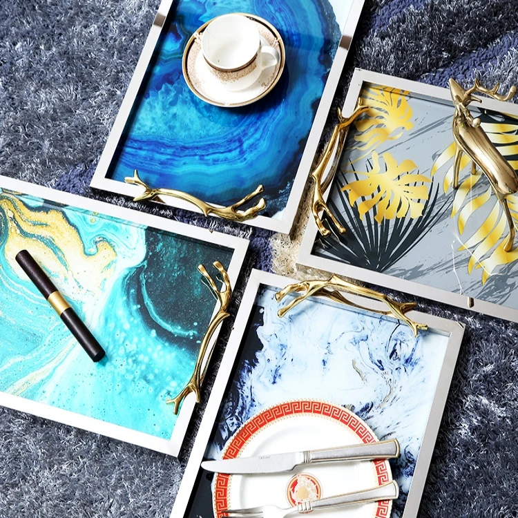 Modern table decoration handle tray gold iron blue agate glass servuing tray