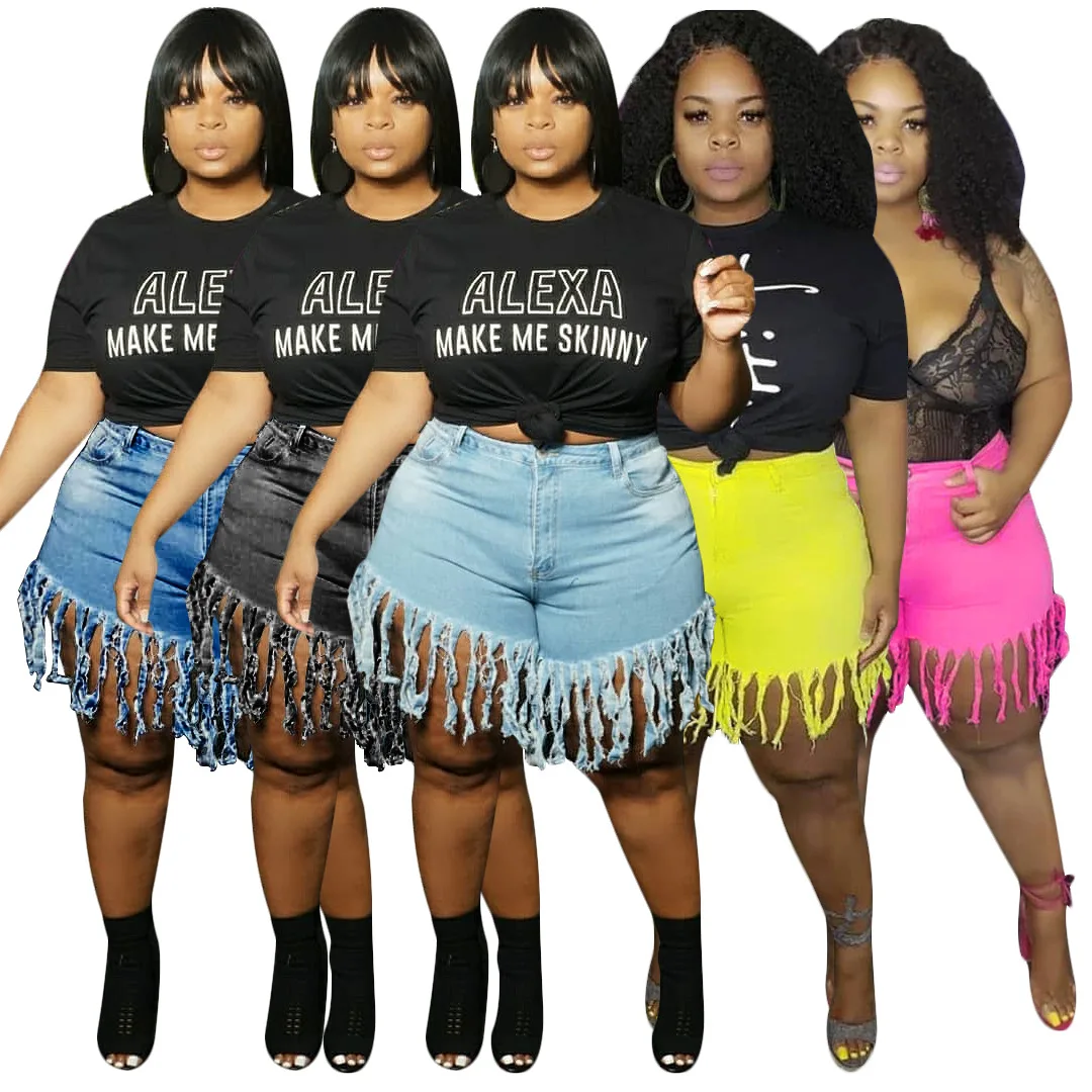 

2020 plus size women clothing Tassel denim shorts casual straight jeans, Customized color