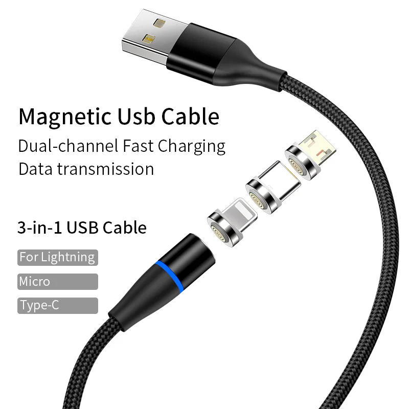 High Quality 1M Cell Phone Braided 3 In 1 LED Magnetic USB Charging Cable Fast Charger Cable Line - ANKUX.COM