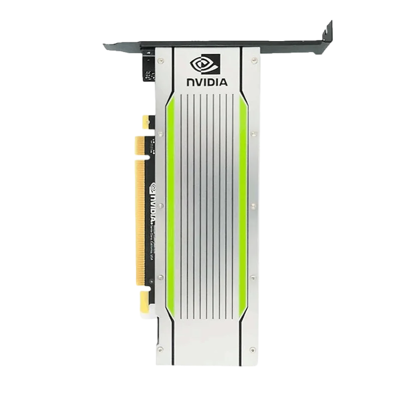 NVIDIA Tesla T4 GPU front view showing passive cooling and PCIe bracket