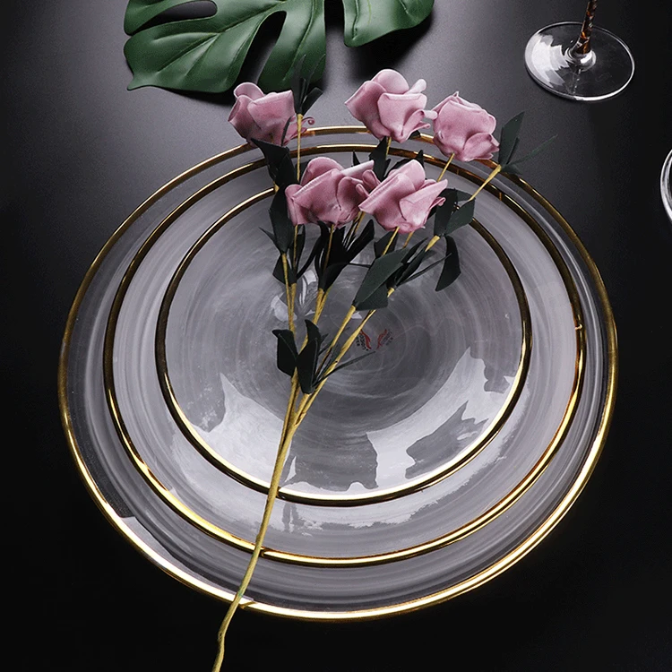 high quality wedding used elegant decoration underplates tableware glass charger plates set with gold silver trim