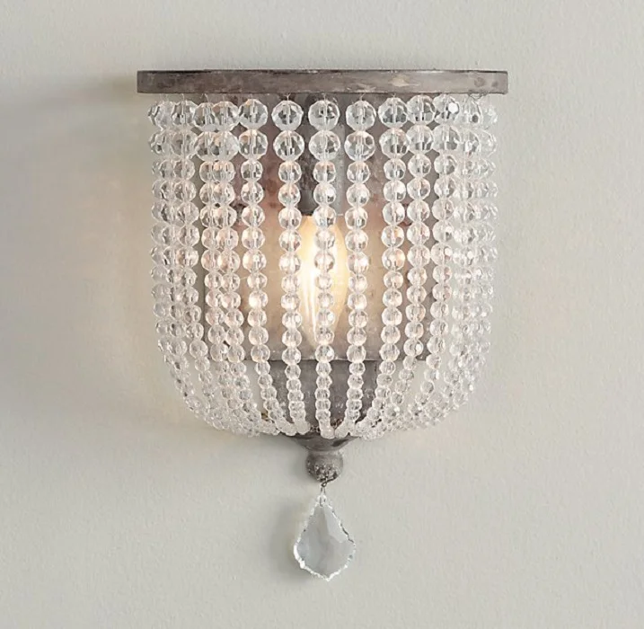 product french retro crystal wooden bead wall lamp led for corridor entrance aisle wall childrens room bedroom bedside princess room-3