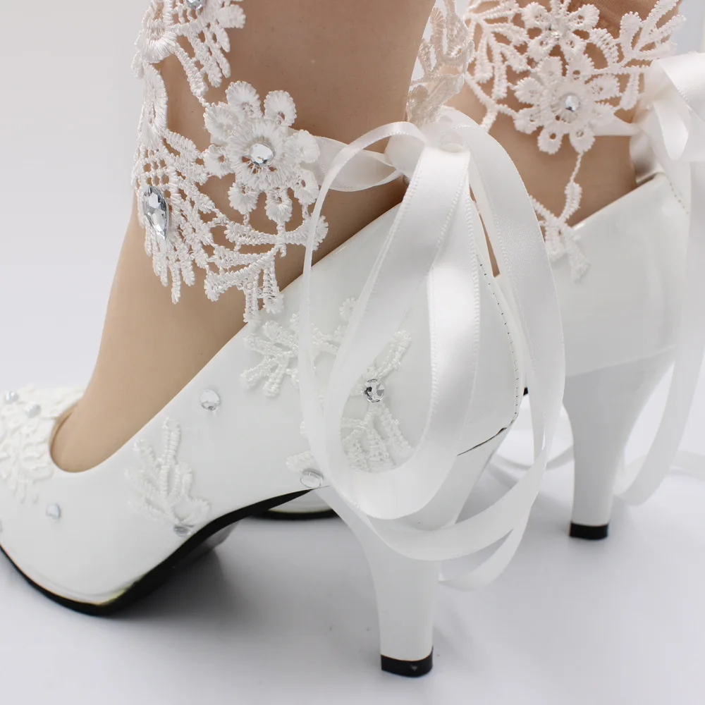 European American Style White High Heel Wedding Shoes for Women Thin Heels Plus Size PU Rhinestone