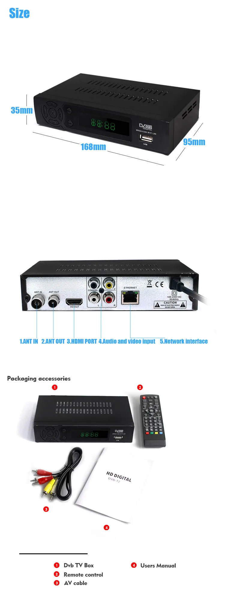 Digital Dvbt2 Decoder Tuner Tdt Receiver Hd H.264 1080p Wifi Fta Set