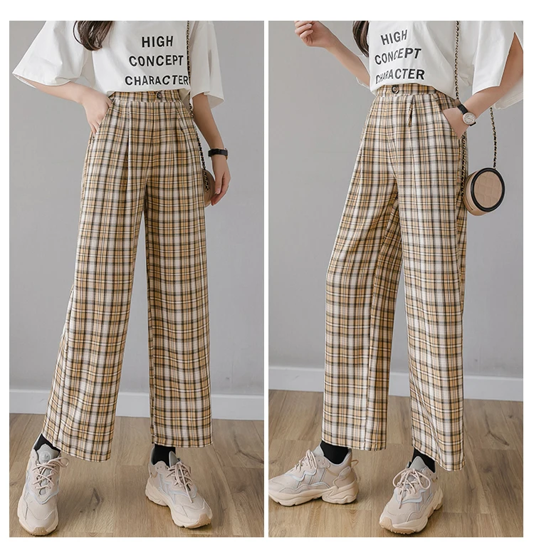 Women Elastic Waist Pants Cotton And Linen Plaid Pants High Waist Plus ...