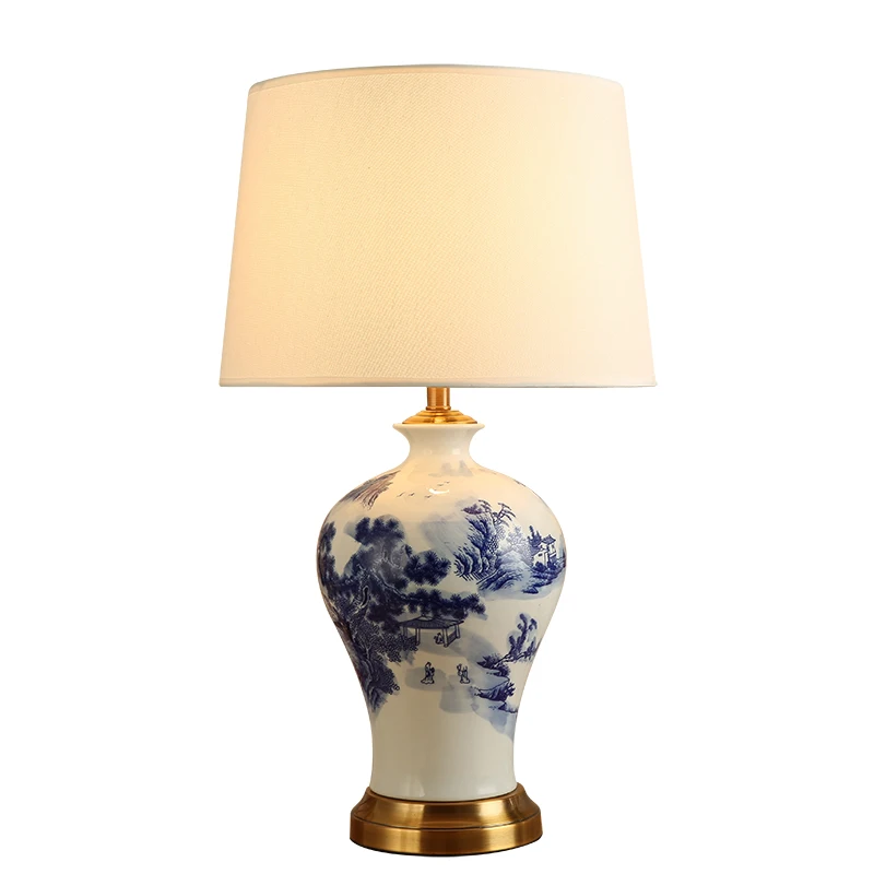 Factory supply Modern blue and white porcelain ceramics body fabric shade table lamp for Home use