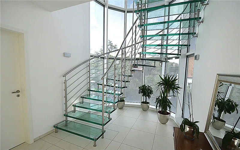 Arc Laminated Staighre Glass Tread Staircase With SS304/316 Rod Railing And Handrail Stair For Apartment