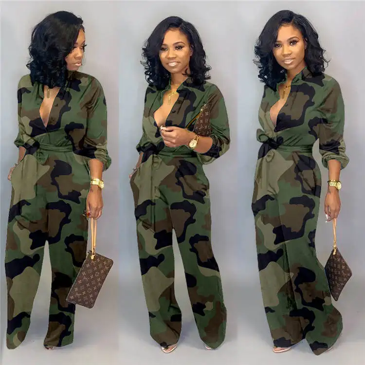 Women Fashion Camouflage Clothing Women's Pockets Wideleg Opening