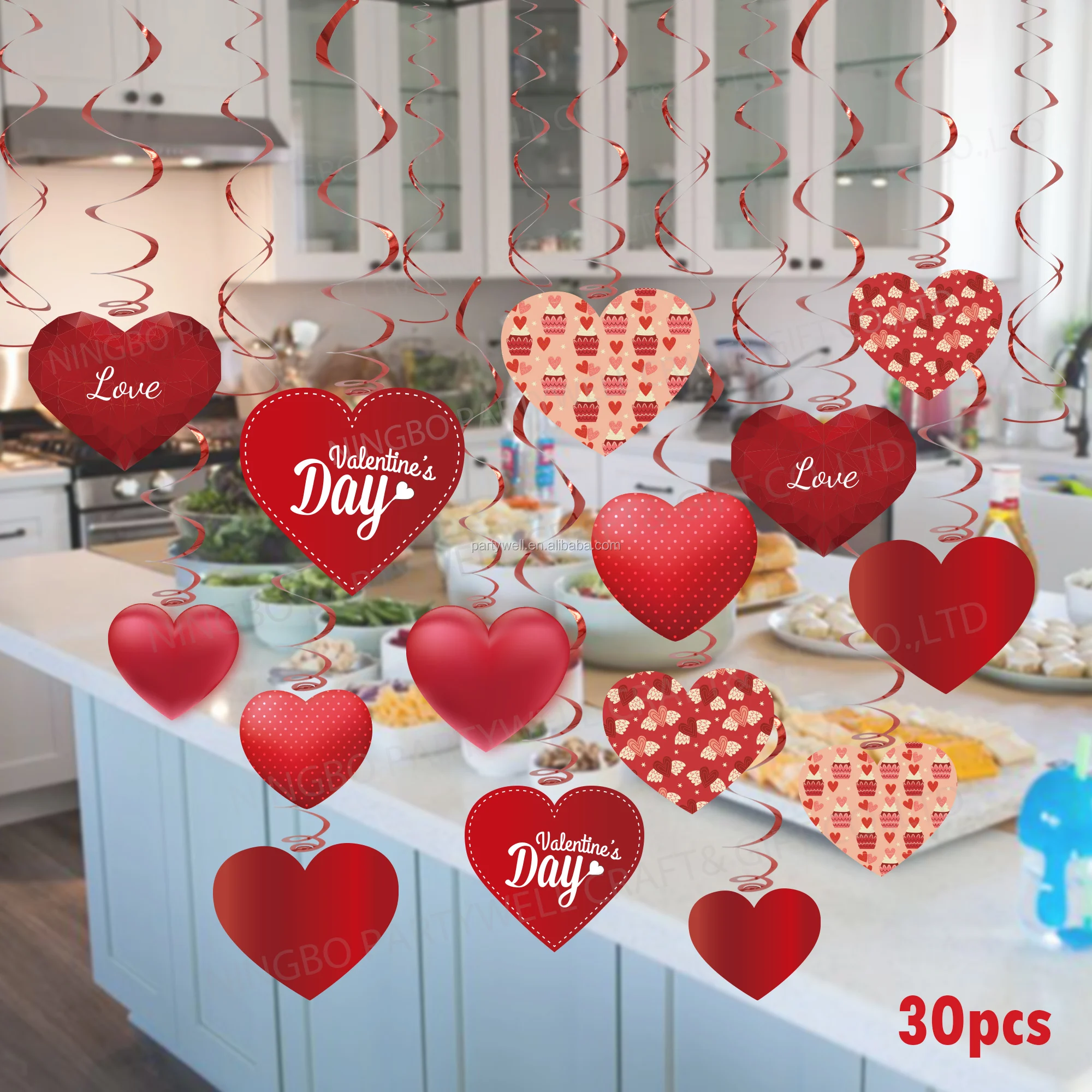 3-D Red Foil Hearts Hanging Decorations ~ Valentine Wedding Party Supplies ~16ct 