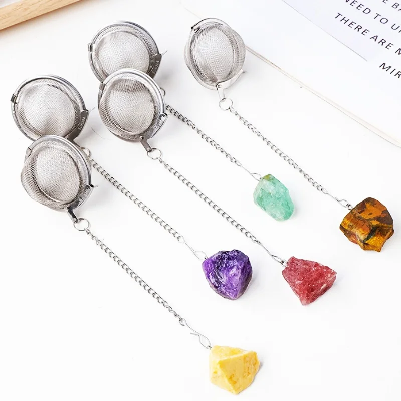 Custom Stainless Steel Chain Mesh Ball Tea Filter with Natural Crystal Stone Decorative Pendant Set for Coffee Tea factory