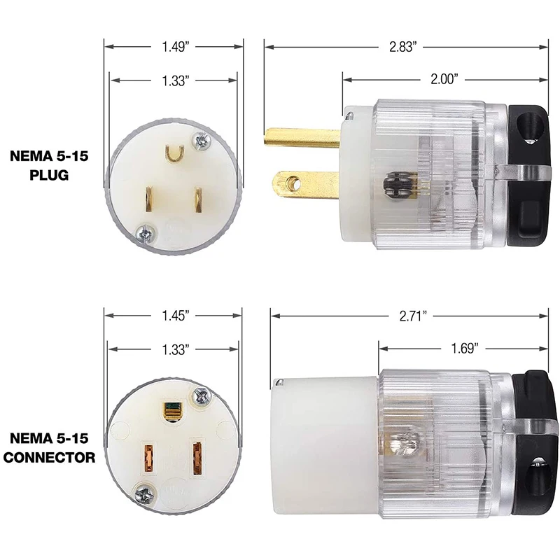 UL listed 15 Amp 125 Volt NEMA 5-15 2Pole 3Wire Electric Plug Replacement Extension Cord Ends (With lighted)