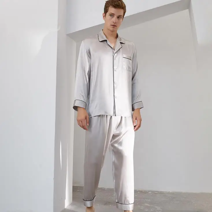 Men Luxury Sleepwear 100% Silk Satin Pajamas Set Soft Long Sleeve Loungewear Set