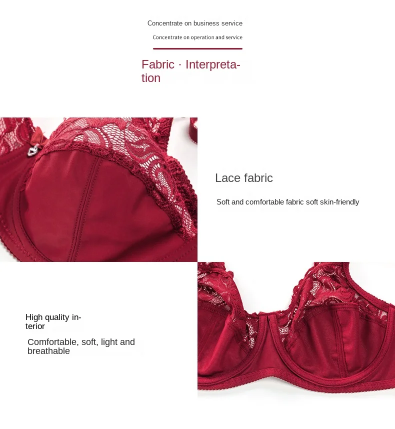 Ultra-Thin Large Size Steel Ring Bra Sexy Lace Lingerie with Adjustable Gathered Cups Breathable Feature for Foreign Trade
