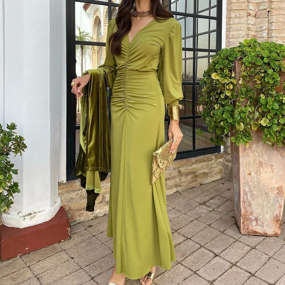 Elegant Floor-Length Floral 3D Pattern Dress Long French Skirt Translucent Features Lantern Sleeve Ruched Ruffles for Women XL