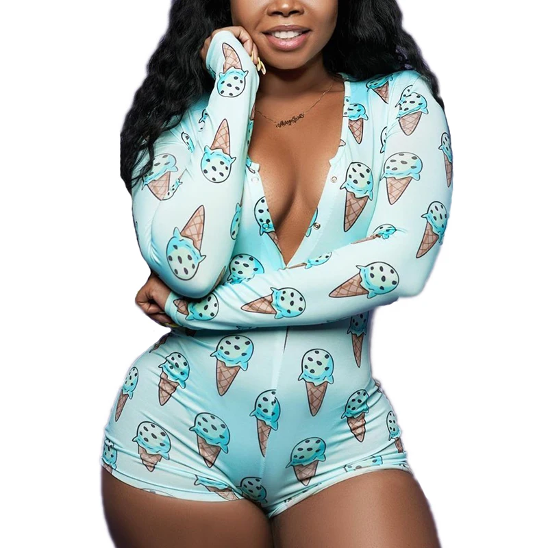 
4000 Adult Onesie Pajama for Women Long Sleeve Onesie V Neck Bodycon Bodysuit Short Romper Sleepwear Pajamas 