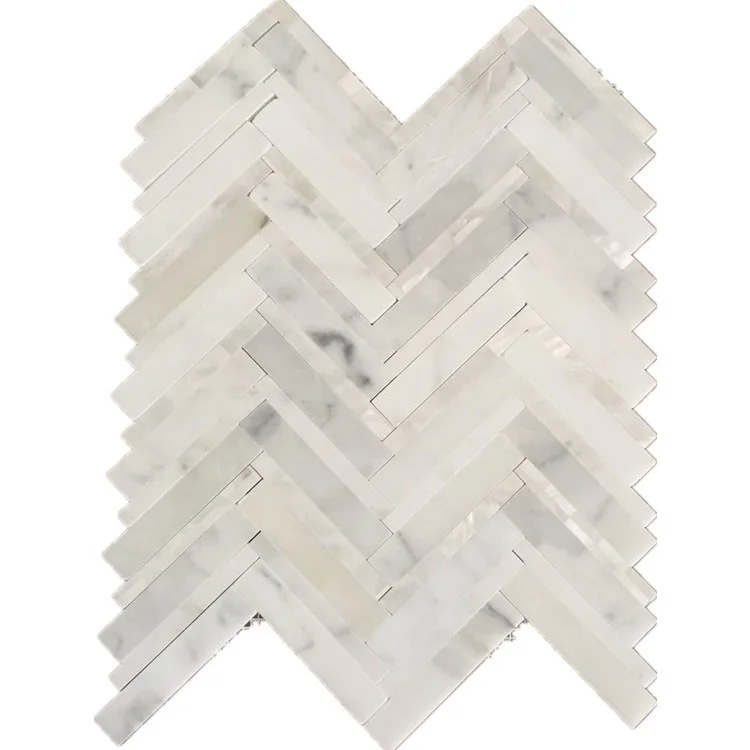 Calacatta Marble Mix Shell Herringbone Backsplash White Mosaic Tile ...