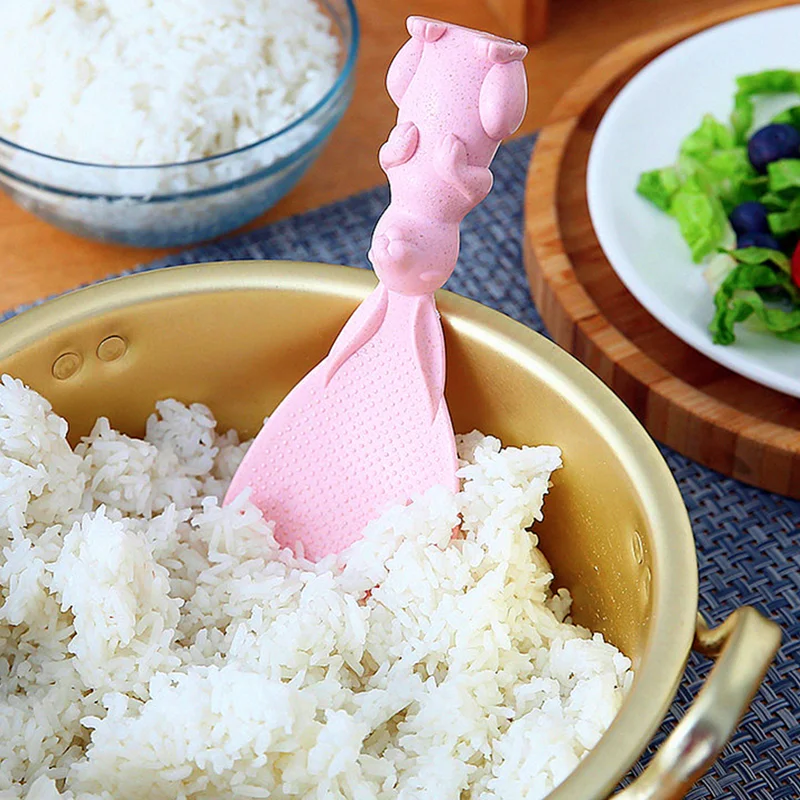 Hoocozi 2PCS Non Stick Rice Paddle Spoon Rice Scoop Plastic Service Spoons Cute Rabbit Shape Standing Rice Spoon Scooper 