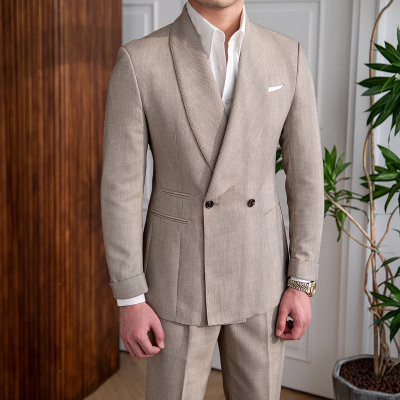 Italian Luxury Men's Double Breasted Suit High Quality Banquet