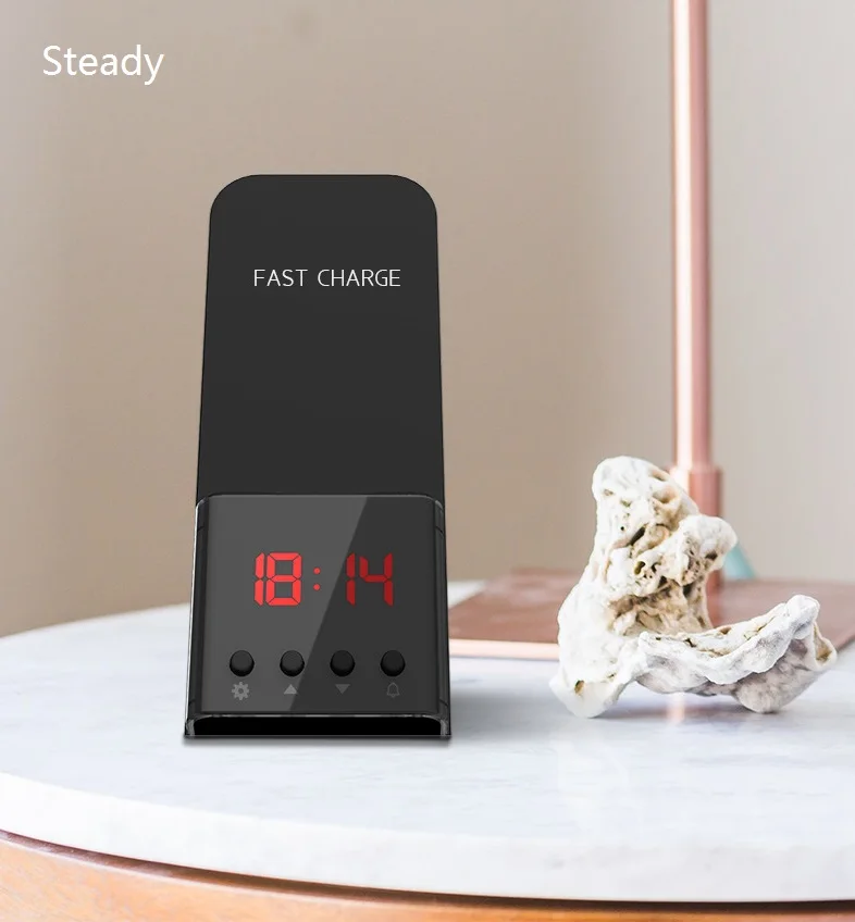 USB Type C Charging Port LED Display Alarm Clock 10W QI Wireless Charger Stand for Android for iOS