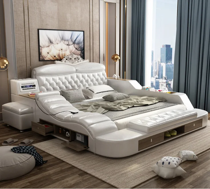 Customizable Multifunction Storage Bed With Massage Music Design Of Leather Bed Solid Wood Frame 9637