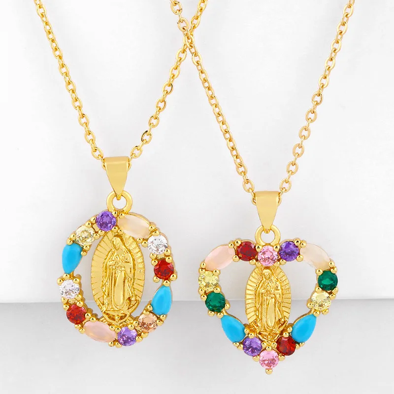 Religious belief jewelry 18k gold plated colored heart zircon Virgin Mary charm pendant necklace jewelry women