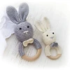 Customized Newborn Unisex Natural Wooden Baby Toys Cotton Crochet Bunny Ring Rattle Teethers