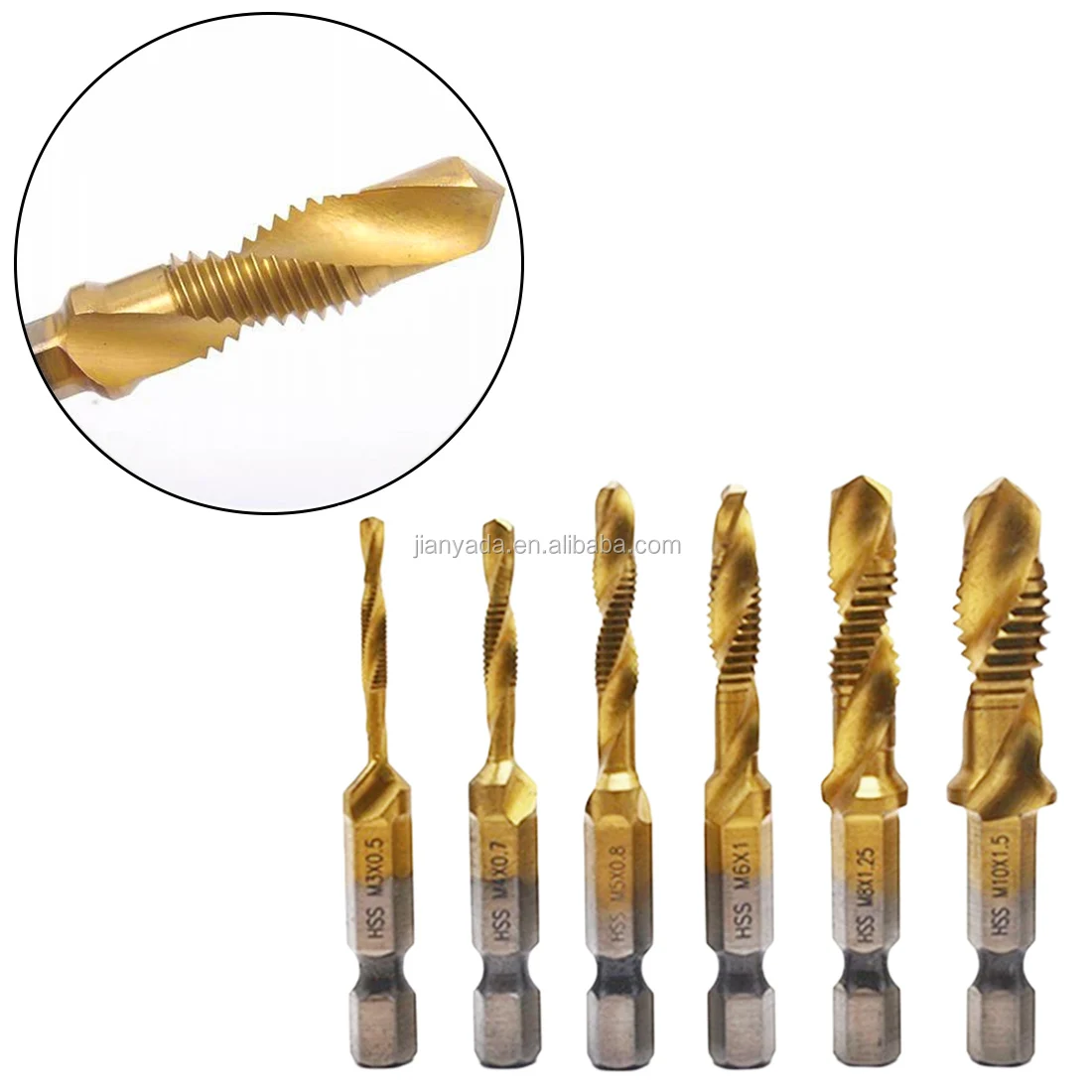 1/4 Hex HSS High Speed Steel Thread Spiral Screw M3 M4 M5 M6 M8 M10 Metric Composite Tap Drill Bit Tap 6pcs/Set 