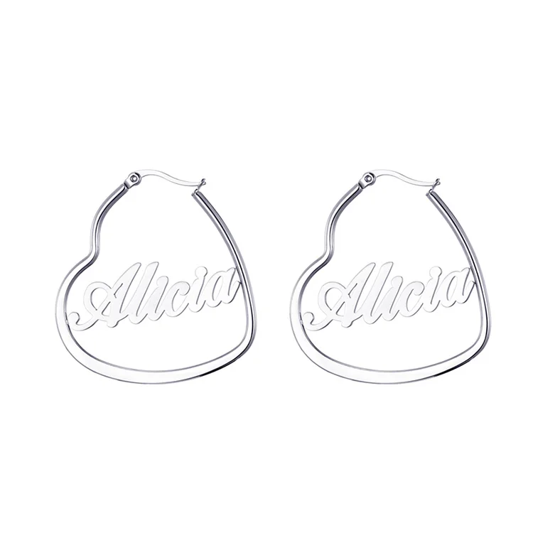 Stainless Steel Jewelry Personalized Heart Hoop Earring Custom Silver Name plate Earrings For best friend gift