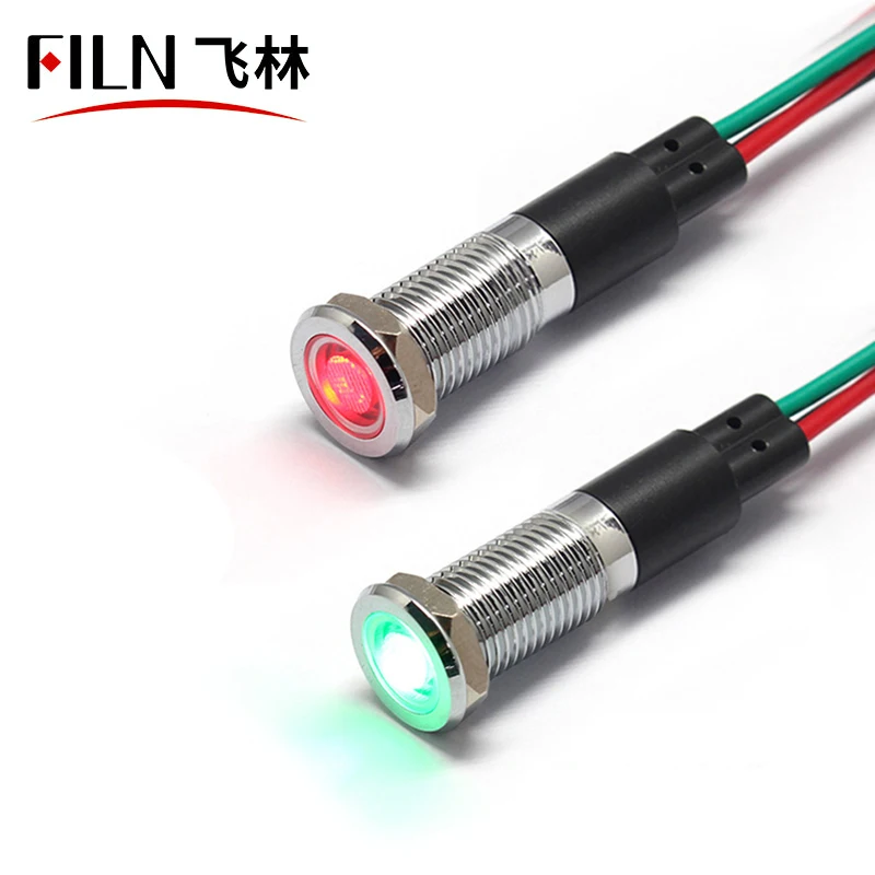 FILN 8mm flat head red green metal 6v 36v 110v 220v bi-color 12v bicolor led indicator light with cable