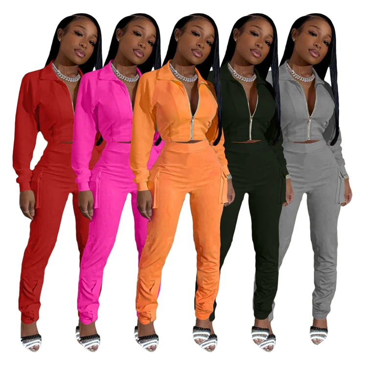 Hot Onsale Solid Zipper Pocket Autumn And Winter Tracksuit 2 Piece Set Women Two Piece Set Women Clothing