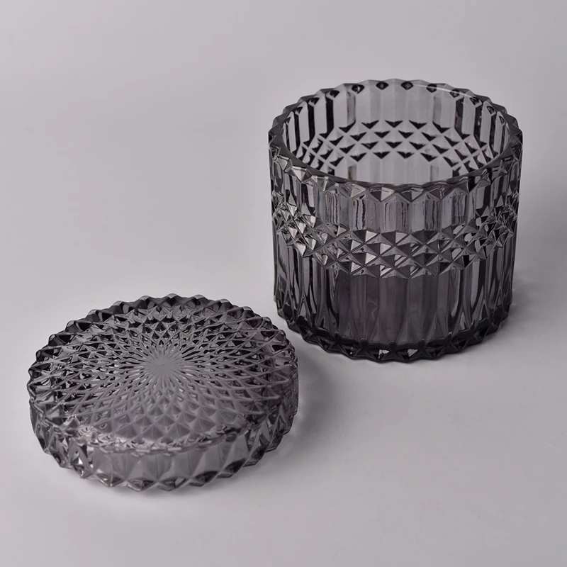 GEO Cut black glass candle jar with lid